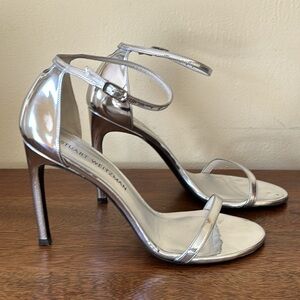 Stuart Weitzman Nudistsong Silver Metallic Leather Strappy Heels Shoes - 9 M